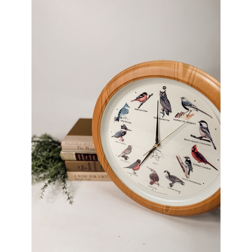 Vtg 90s National Audubon Society Singing Bird Clock 13" Oak Colored Frame TESTED
